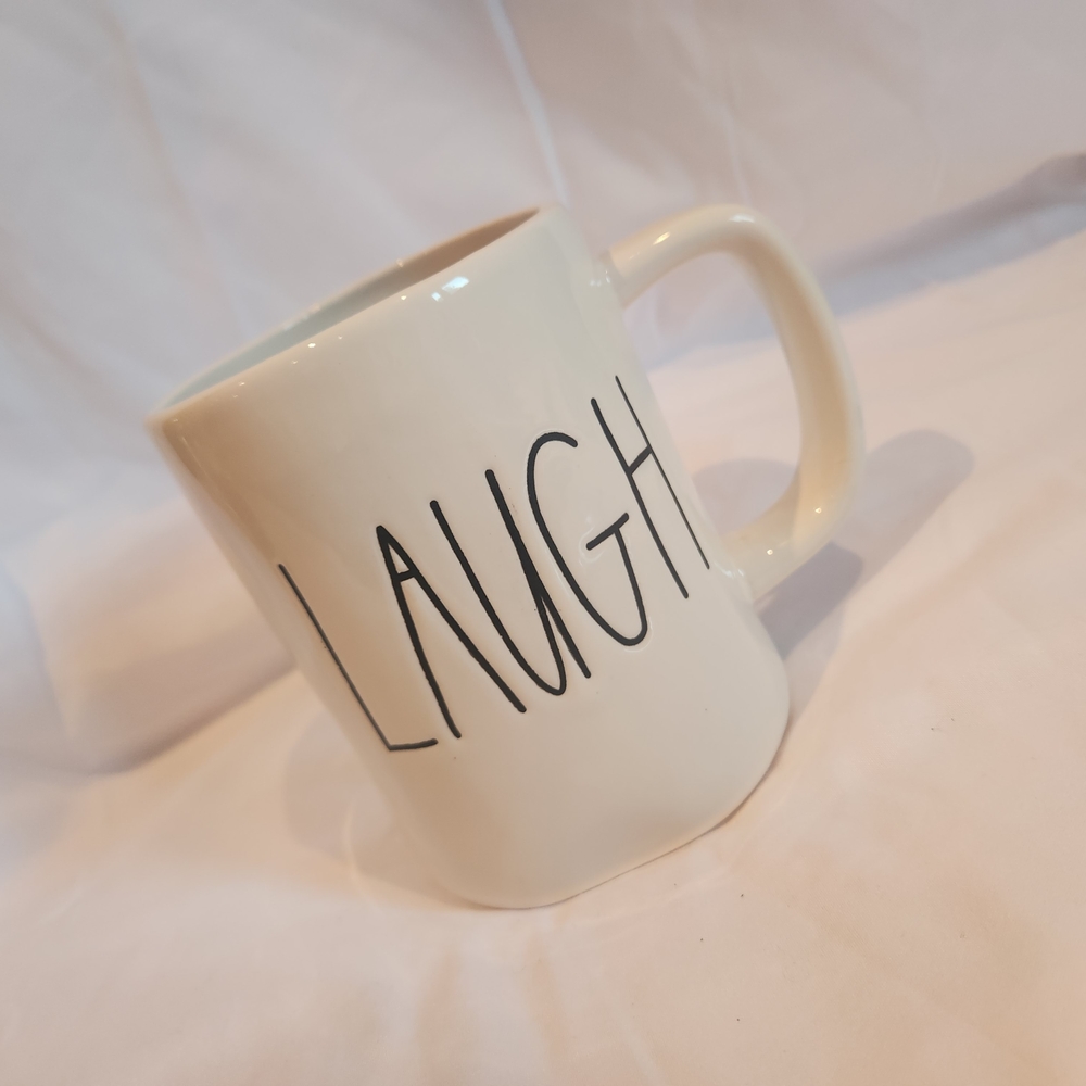 White Ceramic Mug with 'LAUGH' Text